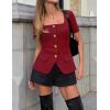 image:imageZESICA Womens Trendy Vests Top 2026 Spring Summer Square Neck Short Sleeve Blazer Button Down Crop Casual Work BlouseWine Red
