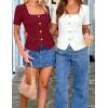 image:imageZESICA Womens Trendy Vests Top 2026 Spring Summer Square Neck Short Sleeve Blazer Button Down Crop Casual Work BlouseWine Red