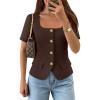 image:imageZESICA Womens Trendy Vests Top 2026 Spring Summer Square Neck Short Sleeve Blazer Button Down Crop Casual Work BlouseCoffee