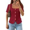 image:imageZESICA Womens Trendy Vests Top 2026 Spring Summer Square Neck Short Sleeve Blazer Button Down Crop Casual Work BlouseWine Red