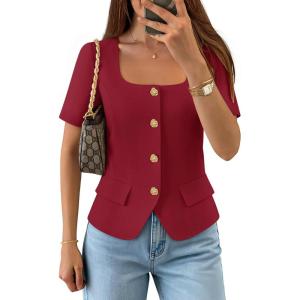 image:imageZESICA Womens Trendy Vests Top 2026 Spring Summer Square Neck Short Sleeve Blazer Button Down Crop Casual Work BlouseWine Red