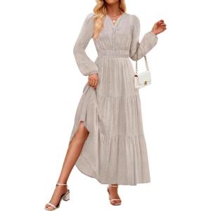 image:imageZESICA Spring Dresses for Women 2026 Long Sleeve Boho Floral V Neck Empire Waist A Line Casual Flowy Wedding Guest Maxi DressBeige