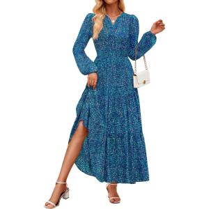 image:imageZESICA Spring Dresses for Women 2026 Long Sleeve Boho Floral V Neck Empire Waist A Line Casual Flowy Wedding Guest Maxi DressPeacockblue