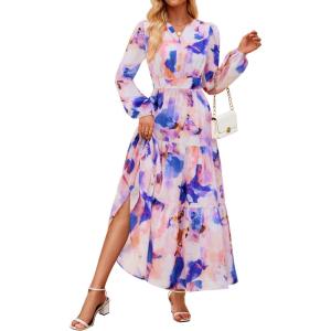 image:imageZESICA Spring Dresses for Women 2026 Long Sleeve Boho Floral V Neck Empire Waist A Line Casual Flowy Wedding Guest Maxi DressPurple
