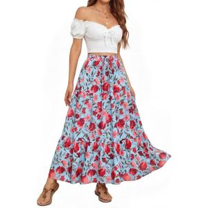 image:imageZESICA Womens 2026 Summer Bohemian Floral Printed Elastic Waist A Line Maxi Skirt with PocketsLightblue