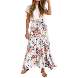 image:imageZESICA Womens 2026 Summer Bohemian Floral Printed Elastic Waist A Line Maxi Skirt with PocketsNewwhite