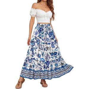 image:imageZESICA Womens 2026 Summer Bohemian Floral Printed Elastic Waist A Line Maxi Skirt with PocketsVintageblue