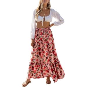 image:imageZESICA Womens 2026 Summer Bohemian Floral Printed Elastic Waist A Line Maxi Skirt with PocketsVintagepink