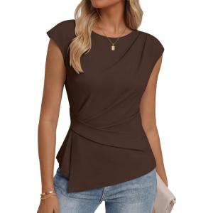 image:imageZESICA Womens Boat Neck Cap Sleeve Tops Dressy Casual Peplum Shirts 2026 Summer Tunic Blouses Fashion Trendy ClothesBrown