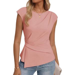 image:imageZESICA Womens Boat Neck Cap Sleeve Tops Dressy Casual Peplum Shirts 2026 Summer Tunic Blouses Fashion Trendy ClothesPink