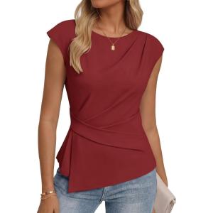 image:imageZESICA Womens Boat Neck Cap Sleeve Tops Dressy Casual Peplum Shirts 2026 Summer Tunic Blouses Fashion Trendy ClothesRed