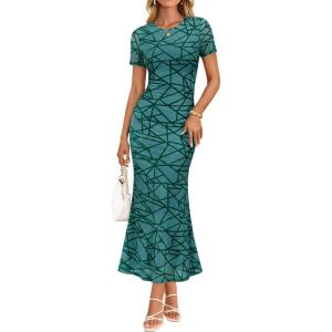 image:imageZESICA Womens Summer Floral Bodycon Long Dress Ruched Mesh Beach Vacation Formal Cocktail Party Wedding Guest Maxi DressesGeometric