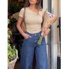 image:imageZESICA Womens Summer Asymmetrical T Shirts 2026 Short Sleeve Ruched Slim Y2K Going Out Tops Dressy Casual Fashion OutfitsSand