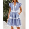 image:imageZESICA Womens Summer Casual Mini Dress 2026 V Neck Flutter Short Sleeve Striped Ruffle A Line Beach Vacation DressesNavy