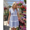 image:imageZESICA Womens Summer Casual Mini Dress 2026 V Neck Flutter Short Sleeve Striped Ruffle A Line Beach Vacation DressesNavy
