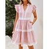 image:imageZESICA Womens Summer Casual Mini Dress 2026 V Neck Flutter Short Sleeve Striped Ruffle A Line Beach Vacation DressesPink