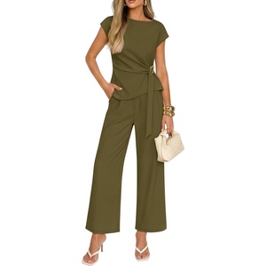 image:imageZESICA Womens 2026 Summer 2 Piece Outfit Sets Casual Short Sleeve Knit Belted Tops and Wide Leg Pants Work Office ClothesArmygreen