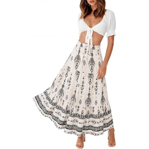 image:imageZESICA Womens 2026 Summer Bohemian Floral Printed Elastic Waist A Line Maxi Skirt with PocketsApricot