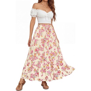 image:imageZESICA Womens 2026 Summer Bohemian Floral Printed Elastic Waist A Line Maxi Skirt with PocketsLightapricot