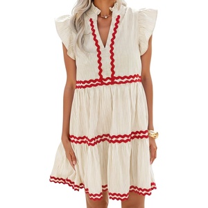 image:imageZESICA Womens Summer Casual Mini Dress 2026 V Neck Flutter Short Sleeve Striped Ruffle A Line Beach Vacation DressesApricot