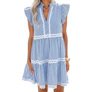image:imageZESICA Womens Summer Casual Mini Dress 2026 V Neck Flutter Short Sleeve Striped Ruffle A Line Beach Vacation DressesBlue