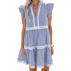 image:imageZESICA Womens Summer Casual Mini Dress 2026 V Neck Flutter Short Sleeve Striped Ruffle A Line Beach Vacation DressesNavy