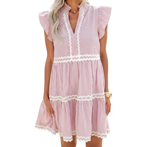 image:imageZESICA Womens Summer Casual Mini Dress 2026 V Neck Flutter Short Sleeve Striped Ruffle A Line Beach Vacation DressesPink
