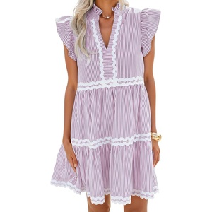 image:imageZESICA Womens Summer Casual Mini Dress 2026 V Neck Flutter Short Sleeve Striped Ruffle A Line Beach Vacation DressesPurple