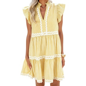 image:imageZESICA Womens Summer Casual Mini Dress 2026 V Neck Flutter Short Sleeve Striped Ruffle A Line Beach Vacation DressesYellow