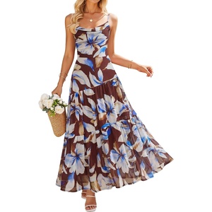 image:imageZESICA Womens Summer Floral Sleeveless Maxi Dress 2026 Boho Mesh Spaghetti Strap Flowy Beach Wedding Guest Long DressesBrown