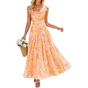 image:imageZESICA Womens Summer Floral Sleeveless Maxi Dress 2026 Boho Mesh Spaghetti Strap Flowy Beach Wedding Guest Long DressesOrange