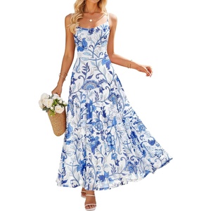 image:imageZESICA Womens Summer Floral Sleeveless Maxi Dress 2026 Boho Mesh Spaghetti Strap Flowy Beach Wedding Guest Long DressesWhiteblue