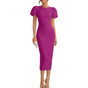 image:imageZESICA Womens Summer Short Sleeve Bodycon Midi Dress 2026 Spring Elegant Formal Wedding Guest Cocktail Party DressesEggplant