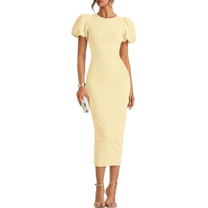 image:imageZESICA Womens Summer Short Sleeve Bodycon Midi Dress 2026 Spring Elegant Formal Wedding Guest Cocktail Party DressesLightyellow