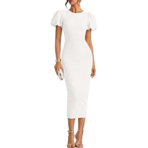 image:imageZESICA Womens Summer Short Sleeve Bodycon Midi Dress 2026 Spring Elegant Formal Wedding Guest Cocktail Party DressesWhite