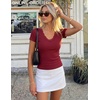 image:imageZESICA Womens Summer 2026 Short Sleeve Trendy Lace V Neck Tops Fitted Cute Shirts Dressy Casual Blouses Y2k Going Out OutfitsBurgundy