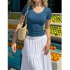 image:imageZESICA Womens Summer 2026 Short Sleeve Trendy Lace V Neck Tops Fitted Cute Shirts Dressy Casual Blouses Y2k Going Out OutfitsDusty Blue
