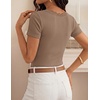 image:imageZESICA Womens Summer 2026 Short Sleeve Trendy Lace V Neck Tops Fitted Cute Shirts Dressy Casual Blouses Y2k Going Out OutfitsKhaki