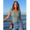 image:imageZESICA Womens Summer 2026 Short Sleeve Trendy Lace V Neck Tops Fitted Cute Shirts Dressy Casual Blouses Y2k Going Out OutfitsOlive Green
