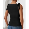 image:imageZESICA Womens Cute Summer Going Out Tank Tops 2026 Y2K Trendy Tie Shoulder Boat Neck Ruch Fitted ShirtsBlack