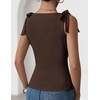 image:imageZESICA Womens Cute Summer Going Out Tank Tops 2026 Y2K Trendy Tie Shoulder Boat Neck Ruch Fitted ShirtsBrown