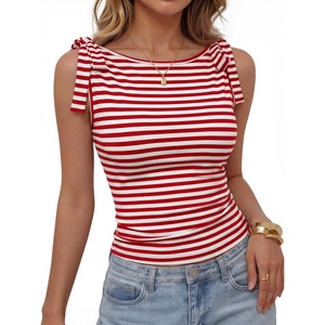 image:imageZESICA Womens Cute Summer Going Out Tank Tops 2026 Y2K Trendy Tie Shoulder Boat Neck Ruch Fitted ShirtsRed