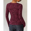 image:imageZESICA Womens Lace Mesh Sheer See Through Long Sleeve Top  Fitted Crew Neck Y2K Going Out Tops Cute Sexy Floral Tee Shirts 2026 Fall Club Party Concert Date Night Vacation OutfitsBurgundy