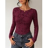 image:imageZESICA Womens Lace Mesh Sheer See Through Long Sleeve Top  Fitted Crew Neck Y2K Going Out Tops Cute Sexy Floral Tee Shirts 2026 Fall Club Party Concert Date Night Vacation OutfitsBurgundy