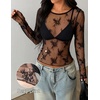 image:imageZESICA Womens Lace Mesh Sheer See Through Long Sleeve Top  Fitted Crew Neck Y2K Going Out Tops Cute Sexy Floral Tee Shirts 2026 Fall Club Party Concert Date Night Vacation OutfitsLaceblack