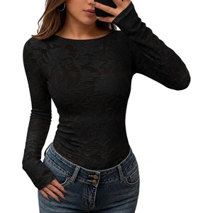 image:imageZESICA Womens Lace Mesh Sheer See Through Long Sleeve Top  Fitted Crew Neck Y2K Going Out Tops Cute Sexy Floral Tee Shirts 2026 Fall Club Party Concert Date Night Vacation OutfitsBlack