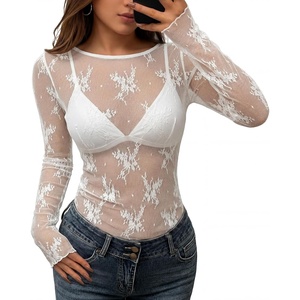 image:imageZESICA Womens Lace Mesh Sheer See Through Long Sleeve Top  Fitted Crew Neck Y2K Going Out Tops Cute Sexy Floral Tee Shirts 2026 Fall Club Party Concert Date Night Vacation OutfitsIvory