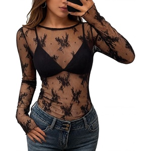 image:imageZESICA Womens Lace Mesh Sheer See Through Long Sleeve Top  Fitted Crew Neck Y2K Going Out Tops Cute Sexy Floral Tee Shirts 2026 Fall Club Party Concert Date Night Vacation OutfitsLaceblack