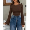 image:imageZESICA Womens Cute Tie Shoulder Ruched Top Long Sleeve Shirts  Flowy Bell Sleeve Elegant Boat Neck Slim Fit Going Out Tops for Women Fall Trendy Dressy Casual Date Night Y2KBrown