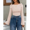 image:imageZESICA Womens Cute Tie Shoulder Ruched Top Long Sleeve Shirts  Flowy Bell Sleeve Elegant Boat Neck Slim Fit Going Out Tops for Women Fall Trendy Dressy Casual Date Night Y2KApricot
